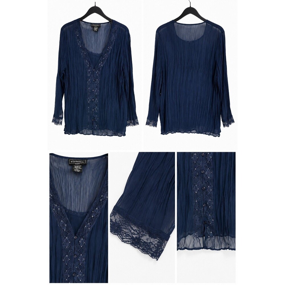 Elementz Women’s 2X Teal Blue Crinkle Blouse Lace Sequin Button Front Boho Top.